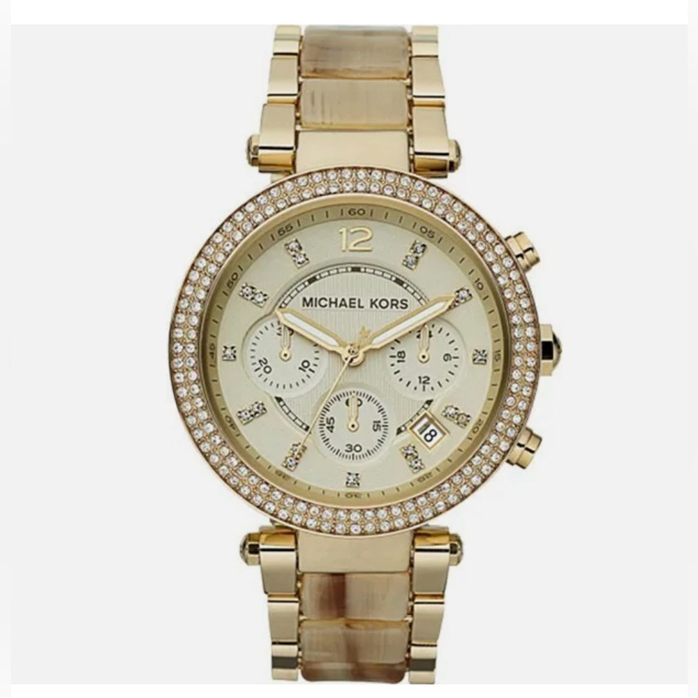 MICHAEL KORS MK5632 PARKER GOLD TONE STEEL ACRYLIC HORN BAND CRYSTAL WATCH ⌚️⏱️